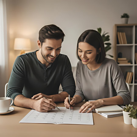 Young couple is looking at architectural plan and smiling while sitting at the table at homeの素材