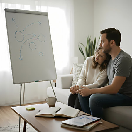 Young couple at home sitting on a sofa, looking at a whiteboard with a drawing.の素材