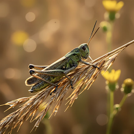 Grasshopper sitting on a blade of grass in the fieldの素材