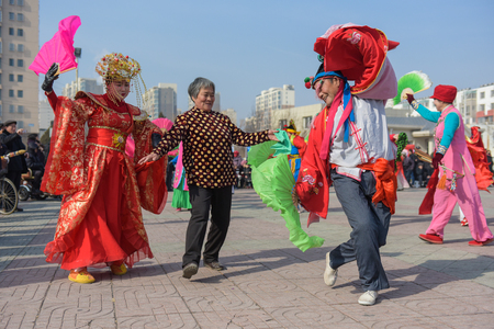Luannan County - February 28, 2018: Yangko performing on the square, Luannan County, Hebei Province, China.のeditorial素材