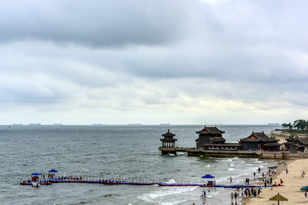 Ancient buildings at the beginning of the Great Wall in Shanhaiguan, Hebei, Chinaの写真素材