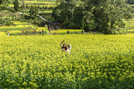 Spring of Wuyuan Ridge in China - March 22, 2018, a beautiful mountain village with flowers blooming, was photographed in Jiangling, Wuyuan County, Shangrao City, Jiangxi Province, China.のeditorial素材