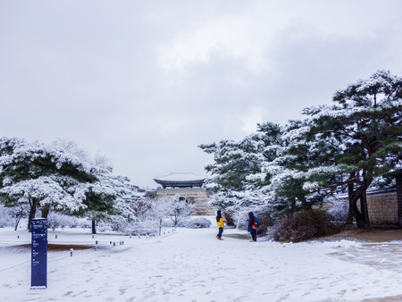 Snow in winter at jingfugong palace in Seoul, South Koreaのeditorial素材