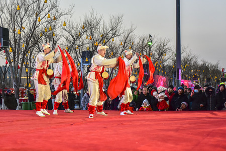 Tangshan City - February 10, 2019. Ansai waist drum performing. Tangshan City, Hebei Province, China.のeditorial素材