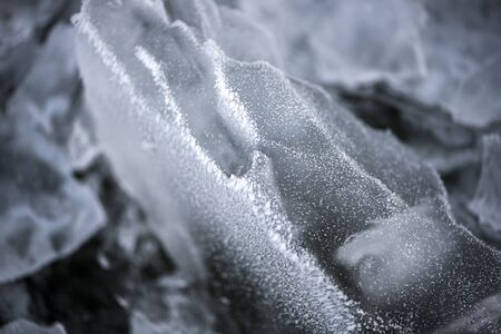 The background of naturally formed ice flower texture on the frozen river in winter 