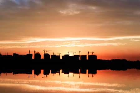 city park skyline in the setting sunのeditorial素材