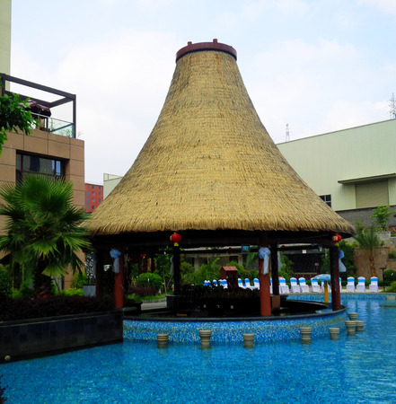 Thatched country wedding a spa swimming pool vacationのeditorial素材