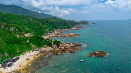 Aerial view of beautiful seascape. Beautiful seascape with blue sea and mountain.の写真素材