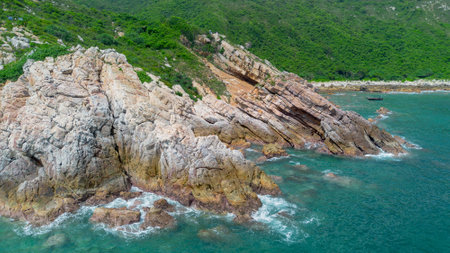 Rocky coastline with turquoise sea water. Aerial view.の写真素材