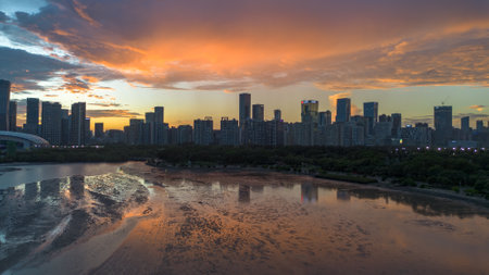 Panorama of the city of Shenzhen at sunset, China.のeditorial素材