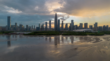 Panoramic view of the city skyline at sunset, Shenzhen, Chinaのeditorial素材