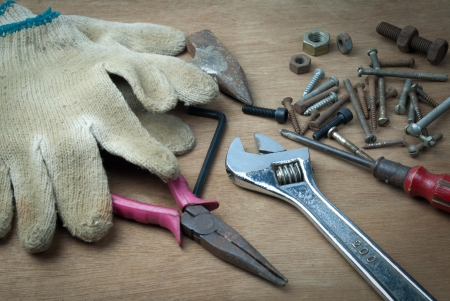Construction Equipments / Tools on wood boardの写真素材