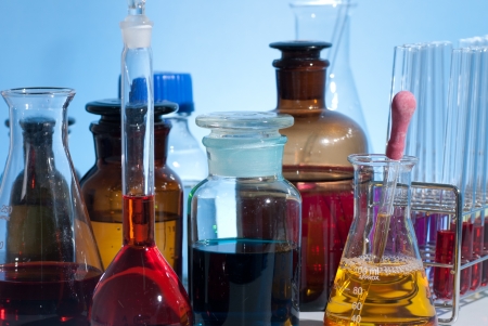glass laboratory apparatus with color waterの写真素材