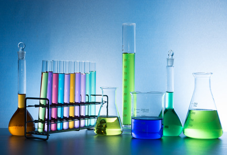glass laboratory apparatus with color waterの写真素材