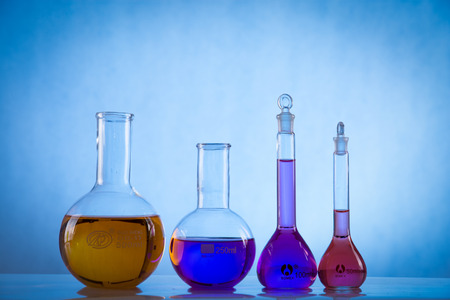 glass laboratory apparatus with color waterのeditorial素材