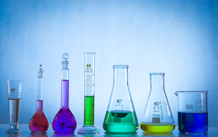 glass laboratory apparatus with color waterのeditorial素材