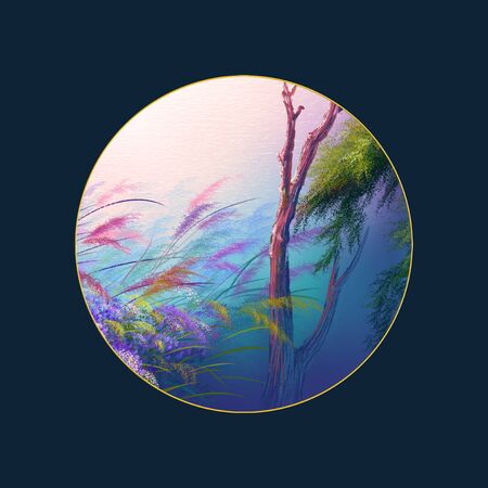 Semi abstract image of forest, aspen trees with yellow-red leaf and lake. Hand Painted Impressionist, outdoor landscape. Spring, summer season nature background.の写真素材