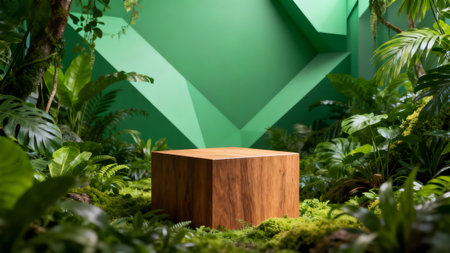 Wooden product display stand in the tropical garden. 3d renderingの素材