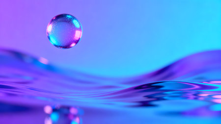 Water drops on the water surface with blue and purple gradient background.の素材