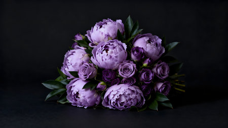 Bouquet of purple peonies on a black background. Place for text.の素材