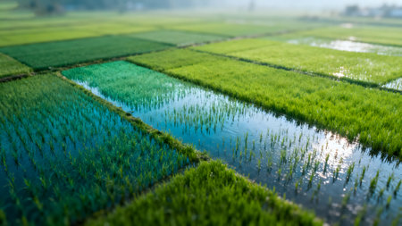 Rice seedlings growing in paddy fields in the countryside.の素材