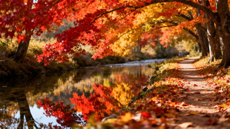 Autumn landscape with a river and colorful leaves in the fall seasonの素材