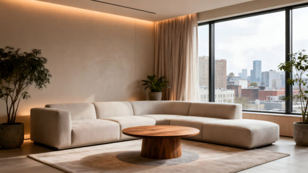 Modern living room interior with sofa and wooden coffee table. 3d renderの素材