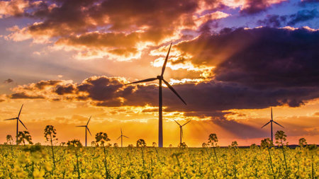 Sunset over a field of blooming rapeseed with wind turbinesの素材