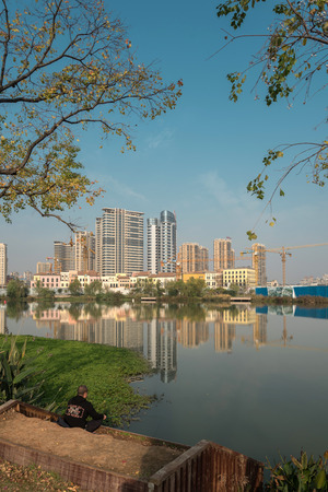 City building reflection by the riverのeditorial素材