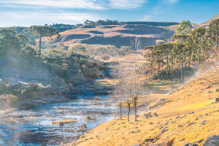 Rural winter landscape with frost at the side river in the fields of the mountain range of Santa Catarina.の写真素材