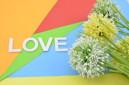 cropped artificial green and yellow flower on blue,green,red,orange and yellow background with white word love made from woodの写真素材