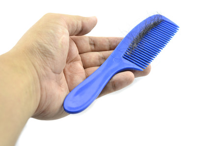 hand holding blue comb contain hairfall and dundraff isolated white backgroundの写真素材