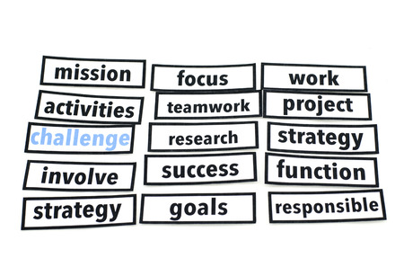 word cloud concept made from paper cut with black border with challenge word on blue colour. isolated whiteの写真素材