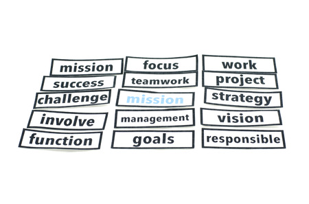 motivation word concept. cloud word print on paper and higlight on word mission with blue isolated whiteの写真素材