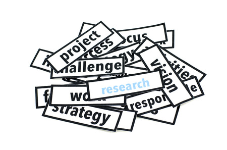 isolated white background concept image of random cloud word  focus on blue research wordの写真素材