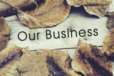 word OUR BUSINESS surrounded by dry leaves .old wooden background and retro look themeの写真素材