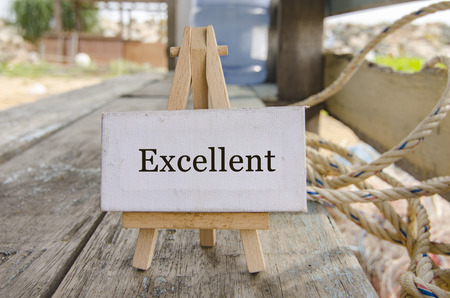customer services concept with word EXCELLENT on white canvas on easel over blurred background