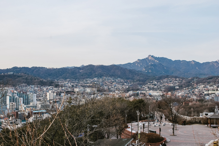 Stunning nature scenery from hill view at South Korea during Winter.の写真素材