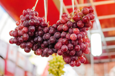 Bunch of grapes display at fresh market stallの写真素材
