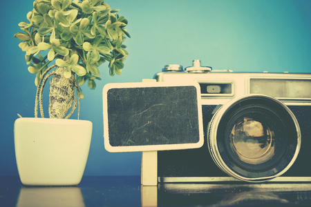 Travel and vacation concept image,artificial green plant and vintage camera layout on wooden desk.selective focus shot and faded effectの写真素材