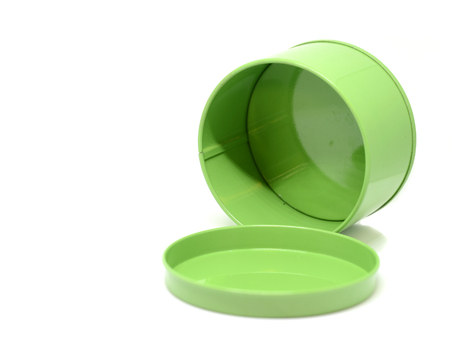 green aluminium open empty can isolated on white backgroundの写真素材