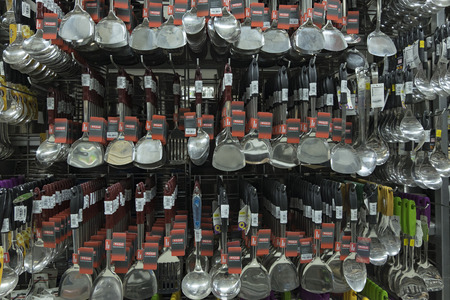 PAHANG, MALAYSIA - AUGUST 9,2017 : Variety of Kitchen utensils for sale at hypermarket in Malaysiaのeditorial素材