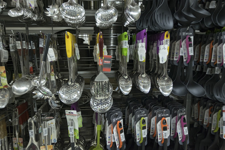 PAHANG, MALAYSIA - AUGUST 9,2017 : Variety of Kitchen utensils for sale at hypermarket in Malaysiaのeditorial素材