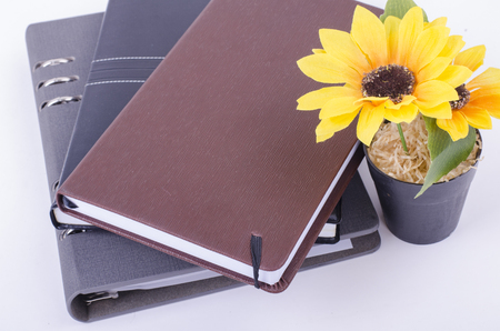 Stacking diaries and artificial plant in pot on white background.の写真素材