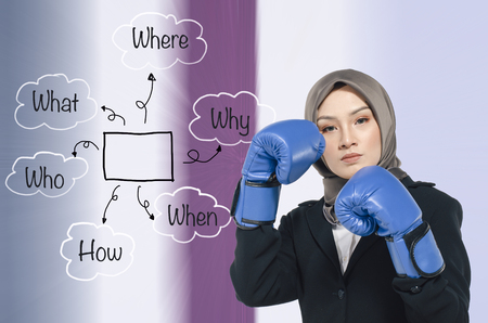 Starting new business concept with support word.Young aggrasive women wearing boxing glove over blur...
