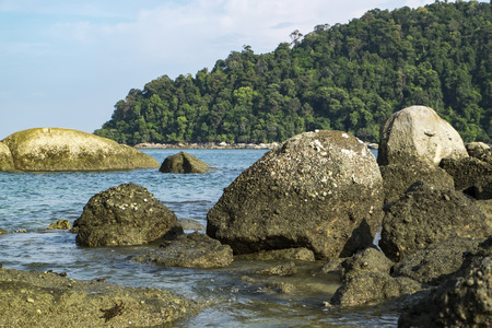 Beauty in nature of tropical island background with crystal clear turquoise water and blue sky