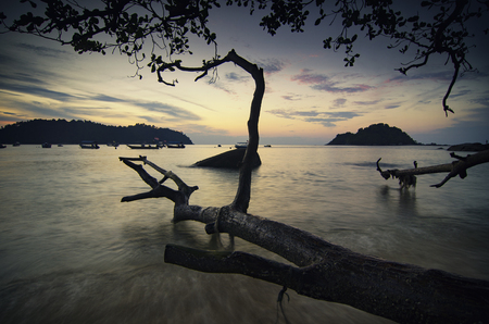 idyllic tropical scenery during sunset, soft wave hitting rock on the coastの写真素材