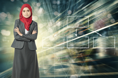 Creative ideas concept , young professional entrepreneur standing over abstract background, empty box on right for textの写真素材