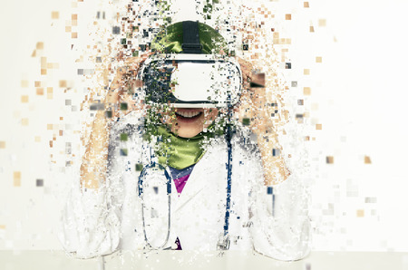 Amazed young women wearing virtual reality goggles over abstract background
