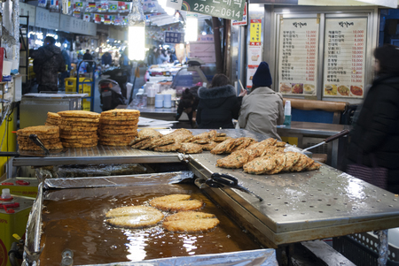 SEOUL, SOUTH KOREA 24 JANUARY 2019: Food Stall at Gwangjiang Market, South Korea.The Best places to experience traditional Korean street foodのeditorial素材